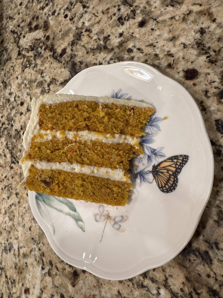 carrot cake velvet royale 3 layer cake plated piece